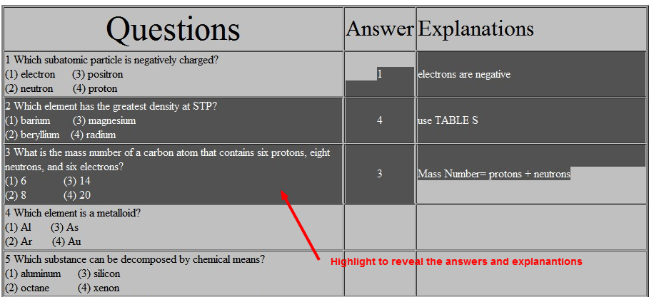 chemistry regents answer key